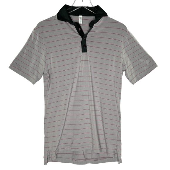 Lululemon M Mens Polo Shirt Short Sleeve Gray Red Stripe Pima Cotton Golf - Picture 1 of 7